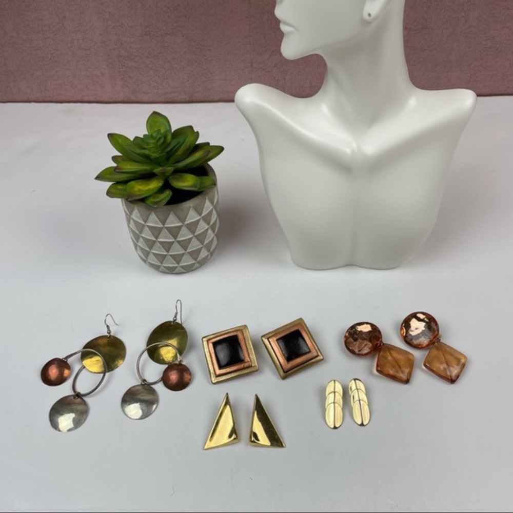 Metal Brown Gold Silver Neutral Dangle Earrings Clip On Women Jewelry Set Of 5